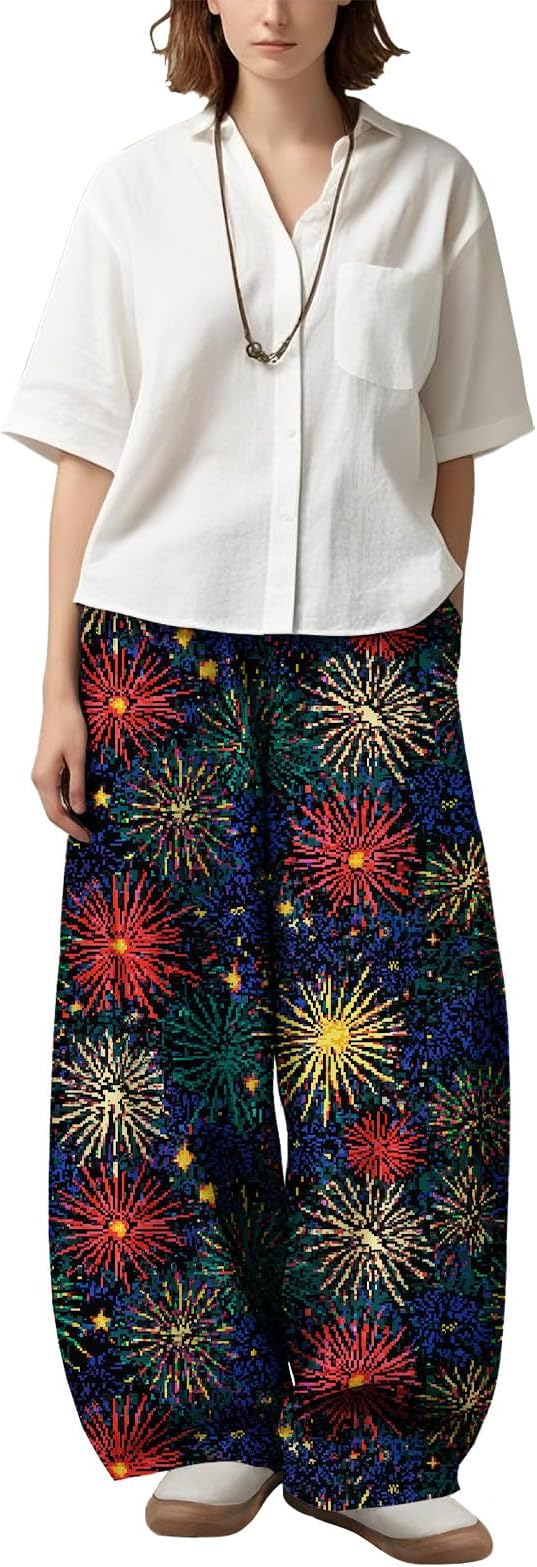 Zaswen Women's Oversize Loose Fit Breathable Pants Wide Leg Lounge Pants Fashion Casual Fireworks Print Trousers with Pockets