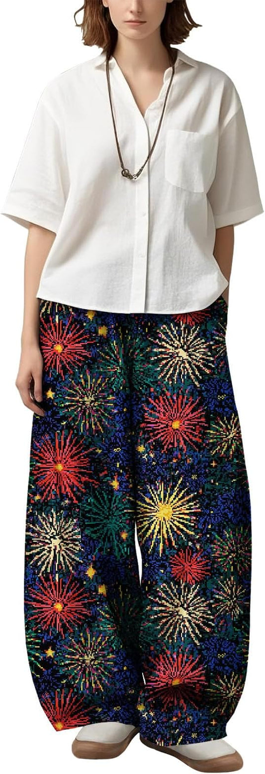 Zaswen Women's Oversize Loose Fit Breathable Pants Wide Leg Lounge Pants Fashion Casual Fireworks Print Trousers with Pockets
