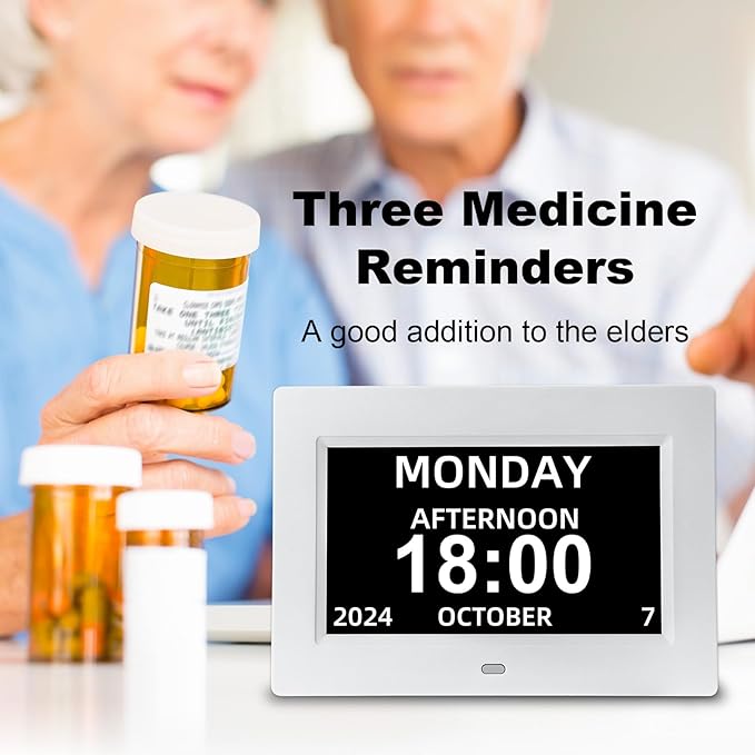 Digital Calendar Alarm Clock for Seniors, Electric Large Display with Date Day of Week Time Clock, 12 Custom Alarms, Auto-Dimming, Medication Reminder, Dementia-Friendly Design