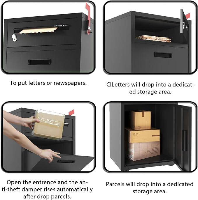 Package Delivery Boxes for Outside, Large Parcel Drop Boxes with Lock, Customize Address Stickers Package Drop Boxes for Outside is Waterproof,Package Delivery Box for Porch (Black，40"*17.7"*15 in)