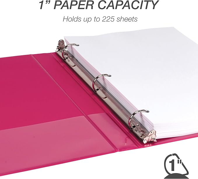 Samsill Durable 1 Inch Binder, Made in The USA, D Ring Binder, Customizable Clear View Cover, Magenta, Holds 225 Pages