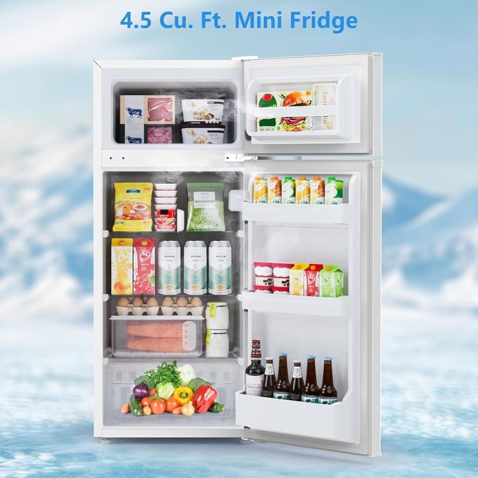 4.5 Cu.Ft Mini Fridge with Freezer, 2 Door Compact Refrigerator, Small Fridge with Adjustable Thermostat Energy Ultra Quiet, Mini Fridge Removable Glass Shelves for Bedroom Office Dorm White
