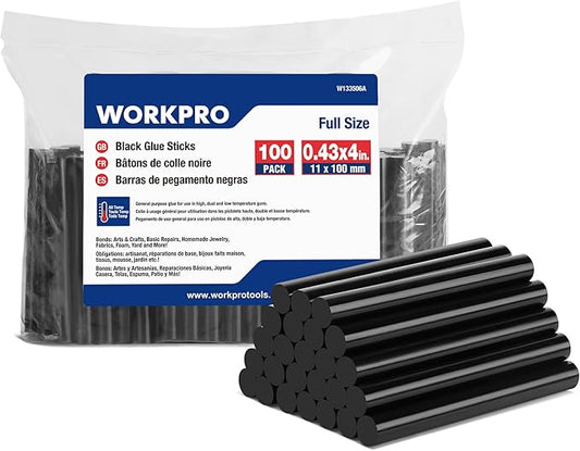 WORKPRO Hot Glue Sticks Full Size, 100-Pack Black Hot Melt Adhesive Glue Sticks for All-Temp Glue Guns, 0.43x4Inches, Multipurpose for Art Craft General Repairs, Home Decorations and Gluing Projects