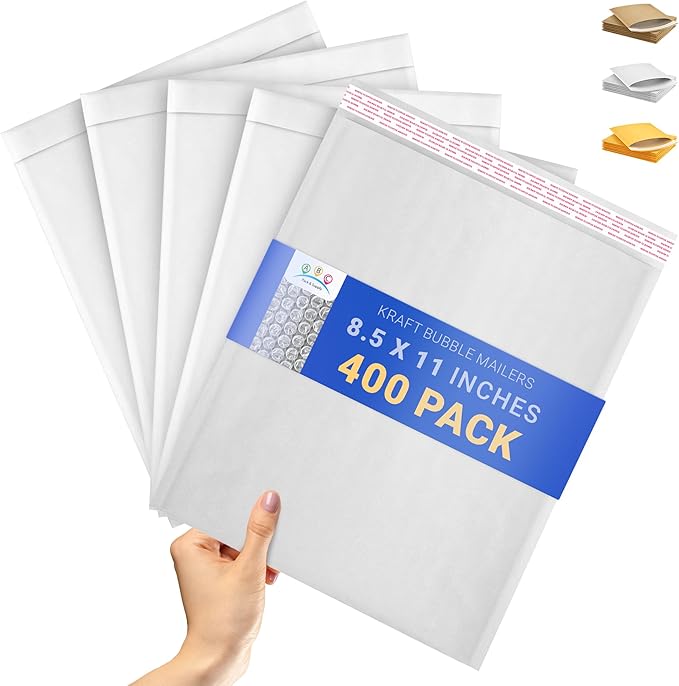 ABC PACK & SUPPLY White Kraft Bubble Mailer Envelopes, 8.5 x 11 Inches. 400 Pack Mail Padded Envelopes Self Seal. Kraft Bubble Mailers. Tear-Resistant Mailing Envelope Padded. Sturdy Paper Mailer