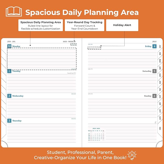 Planner 2025-2026 Daily Weekly and Monthly,11.5"x8.5",18 Months Spiral Bound Calendar Agenda with Self-adhesive Pen Holder,2026 Academic Plan with Vegan Leather Soft Cover,Orange