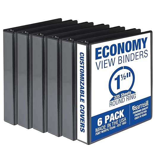 Samsill 1.5 Inch 3 Ring Binders, Made in USA, Economy Round Ring, Clear View Cover, 325 Sheet Capacity - for School, Home, Office - Black, 6 Pack