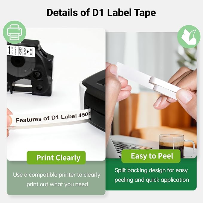 BOYEEZON 7Pk Compatible for DYMO D1 Label Maker Refill 45013 Label Tape 12mm, Black on White,1/2 Inch x 23Ft S0720530 1/2 Inch D1 Tape for Dymo LabelManager 160 210D 260P 280 360D 420P PnP Label Maker
