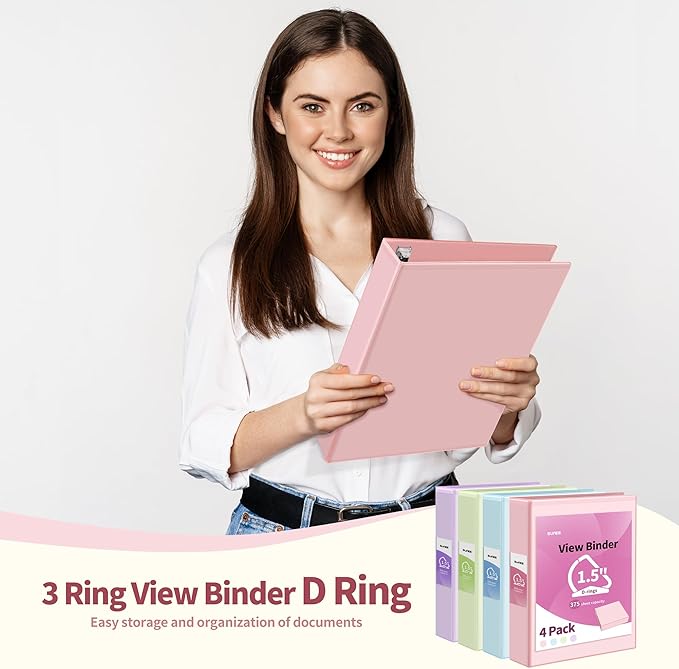 SUNEE 3 Ring Binder 1.5 Inch D Ring, Clear View Binder Three Ring PVC-Free (Fit 8.5x11 Inches) for School or Office Supplies, Assorted Pastel, 4 Pack