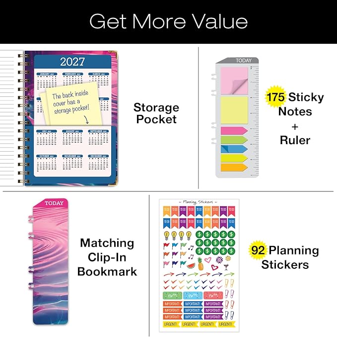 HARDCOVER 2026 Planner, 5.5"x8": 14 Months (November 2025 - December 2026), Daily Weekly Monthly Planner, Yearly Agenda, Bookmark, Pocket Folder and Sticky Note Set (Summer Bliss)