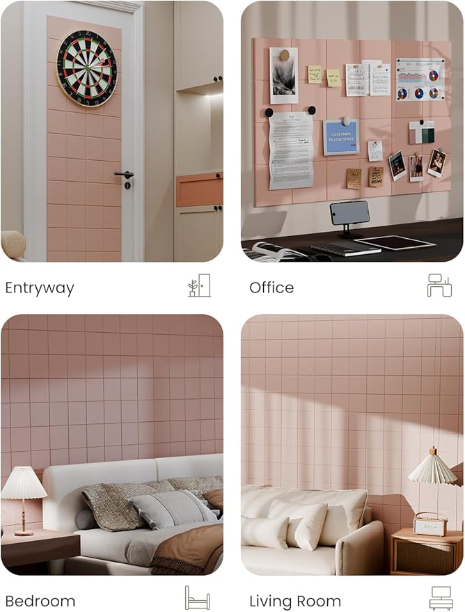 Bumusty Large Cork Board Alternative-36 x24 Felt Bulletin Board Tiles, with 30 Pushpins, 40 Adhesive Tabs, 6-Pack Slat Wall Paneling, Cork Boards for Office Push Pin Board Felt Board-Pink