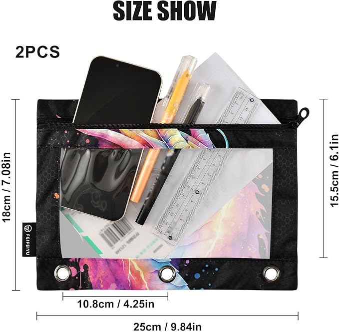 Lightning Dragon Watercolor Pencil Pouch for 3 Ring Binder, 2 Pack Waterproof Pencil Bags Clear Window Zipper School Office Supplies