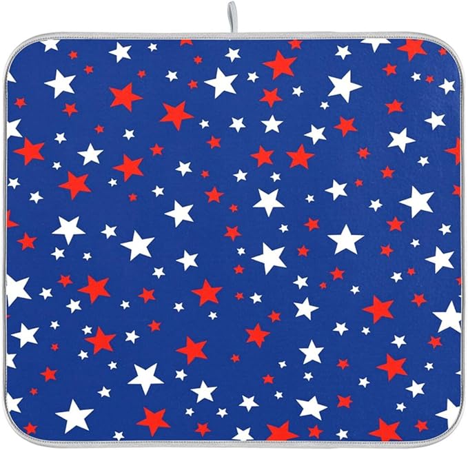 USA Patriotic Stars Memorial Dish Drying Mat 16 X 18 Inch Red Blue White Independence Day Dry Dishes Pads Tableware Mats Protector for Kitchen Countertops Counter Home Decorations