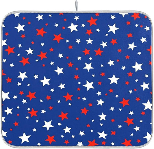 USA Patriotic Stars Memorial Dish Drying Mat 16 X 18 Inch Red Blue White Independence Day Dry Dishes Pads Tableware Mats Protector for Kitchen Countertops Counter Home Decorations