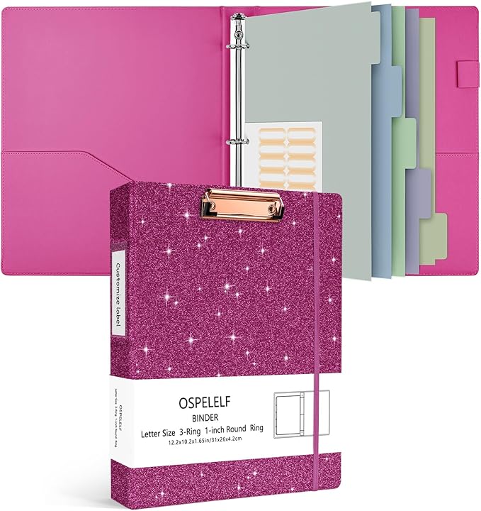 Ospelelf 3 Ring Binder 1 Inch, Vintage Leather Clipboard Binders, Binder Organizer Dividers with Tabs for Letter Size, Professional Office Portfolio, Glitter Pink