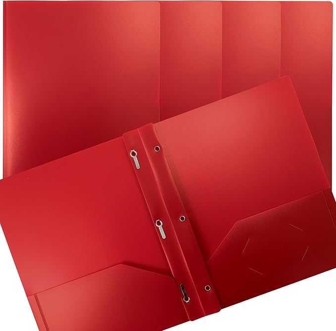 Better Office Products Red Plastic Folders with Pockets and Prongs, Letter Size, 24 Pack, Heavyweight Poly Prong Folders, Red Plastic with 3 Metal Fastener Clips