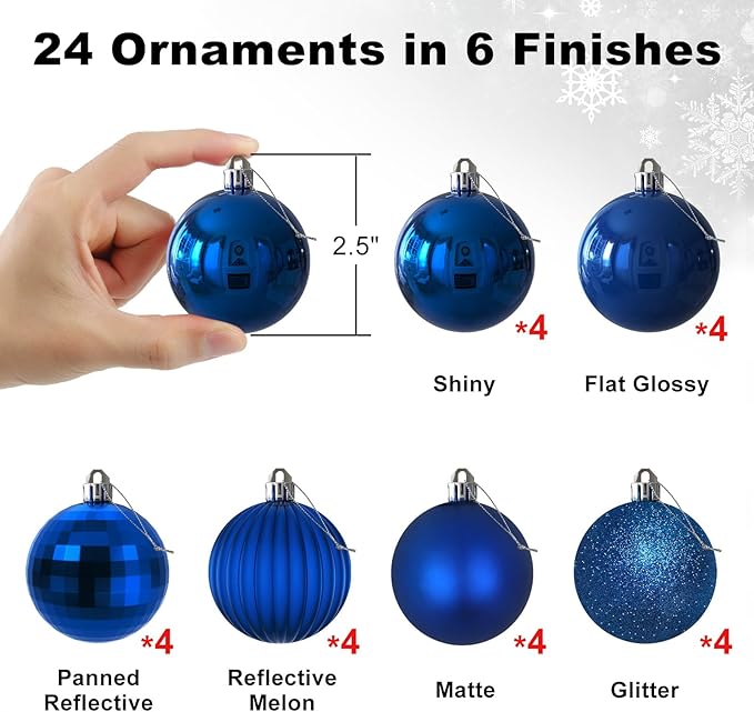 24Pcs Christmas Balls Ornaments for Xmas Tree - Shatterproof Christmas Tree Decorations Medium Hanging Ball Blue 2.5in x 24 Pack
