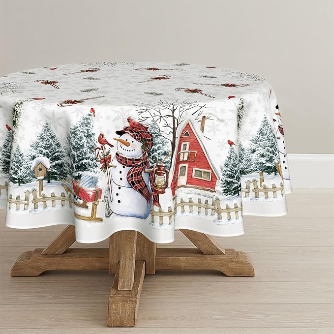 Horaldaily Christmas Tablecloth 60×60 Inch Round, Winter Snowman House Christmas Trees Whirte Washable Table Cover for Party Picnic Dinner Decor