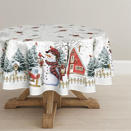 Horaldaily Christmas Tablecloth 60×60 Inch Round, Winter Snowman House Christmas Trees Whirte Washable Table Cover for Party Picnic Dinner Decor