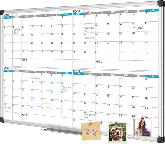 XBoard Magnetic Calendar Whiteboard 36" x 24", 4 Months Calendar Dry Erase Board, Silver Aluminium Framed White Board Planner for Home School Office Organization