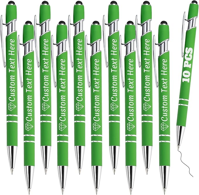 Personalized Pens Bulk 10 with Name Custom Engraving Ballpoint Pens with Stylus Tip Customized Smooth Writing Pens Personalized Gifts for Anniversary Birthday or Graduation(Light Green,Black Ink)
