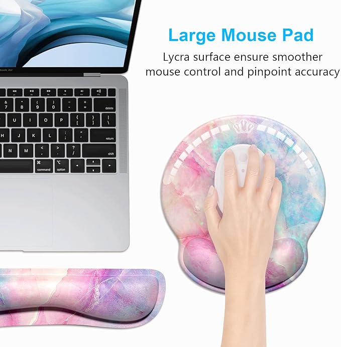 Dapesuom Keyboard Wrist Rest and Mouse Pad with Wrist Support, Cute Memory Foam Cushion for Keyboard and Mouse Set, Desktop Pad Rests with Non Slip Base for Easy Typing & Pain Relief, Colorful Marble