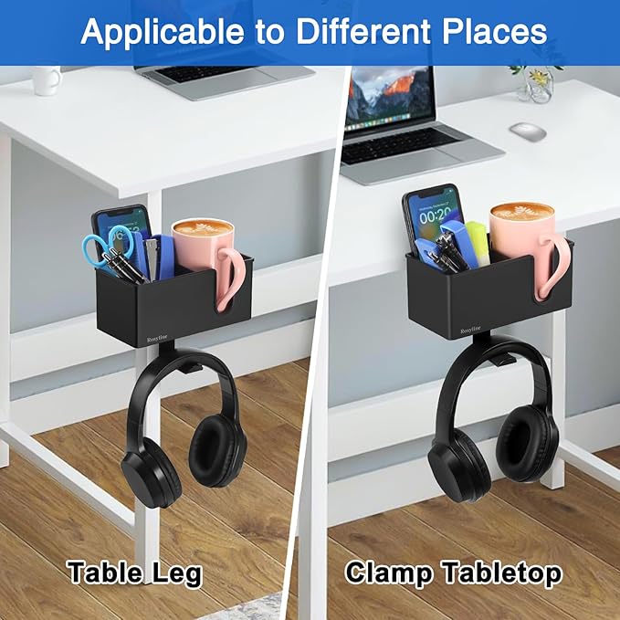 ROSLINE 3-in-1 Clip-on Desk Organizer - Pen, Headphone, and Cup Holder for Expanding Office and Gaming Space (Black)
