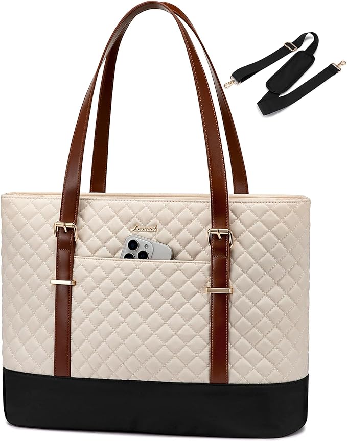 LOVEVOOK Laptop Bag for Women, Work Tote Computer Bag With Large Cup Holder, Lightweight Large Laptop Briefcase, Beige-Brown-Black, 17.3 Inch