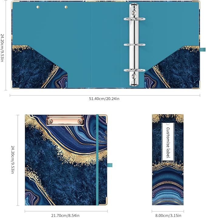 Ospelelf Mini 3-Ring Binder, 2-Inch, Cute for 5.5" x 8.5" with 5 Tab Dividers, File Folder Labels and Low Profile Clipboards, Blue Marble for School and Office