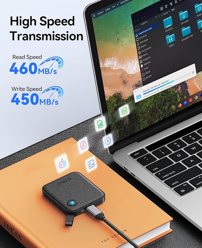 ORICO Portable SSD 512 GB with 2 in 1 USB C Cable, External Solid State Drives, Up to 460MB/s, Status Indicator, Reliable Storage for USB-C Smartphone, Tablet, PC - B5PLUS
