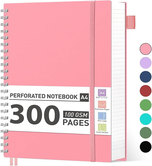 AHGXG Spiral Notebook College Ruled - Spiral Journal Perforated Notebook A4 8.5" x 11", 300 Pages Easy Tear Perforated Pages, 100GSM Thick Paper, Plastic Hardcover, for Writing Work School, Pink