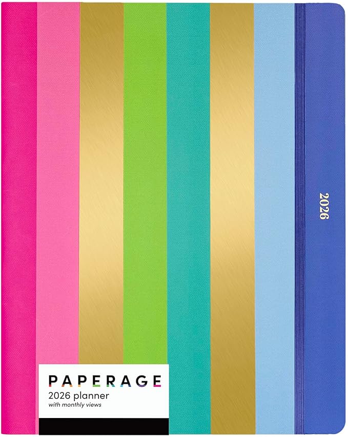 PAPERAGE 2026 Monthly Planner, 12 Months (January 2026 - December 2026), 8 in x 10 in, 2026 Planner with Large Monthly Spreads & Calendar Views, Note Pages, To Do Lists & Trackers, – Bright Stripes
