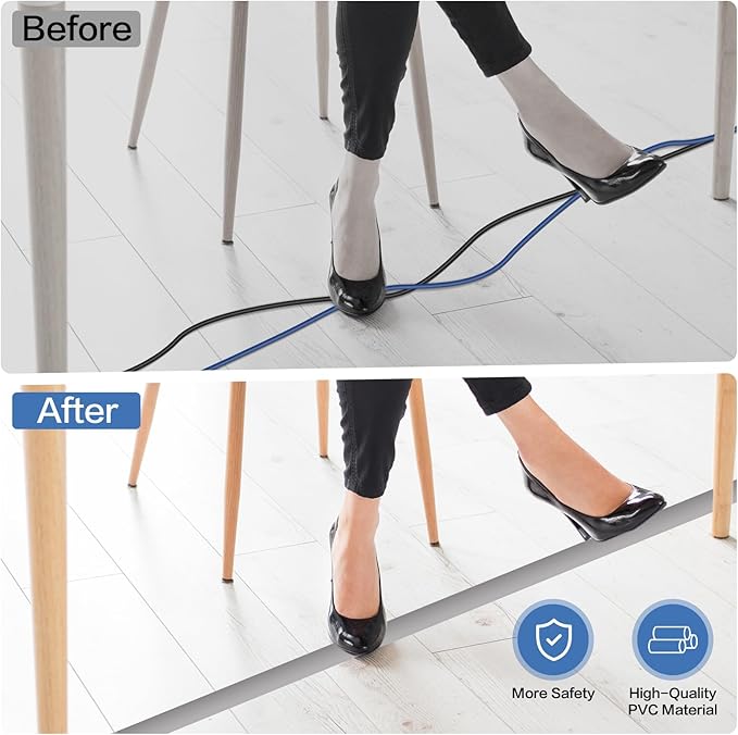 Floor Cord Cover Self Adhesive Cord Hider Floor Extension Cord Covers for Floor Power Cord Protector Cable Management Prevent Cable Trips Cable Cavity 0.47" W x 0.27" H (Grey, 10Ft)