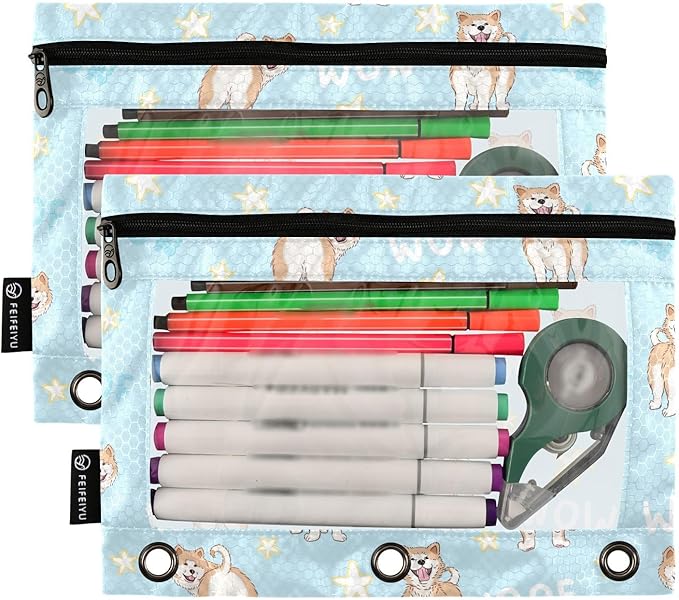 ZAZYXTJ Akita Binder Pencil Pouchs 3 Ring with Zipper Clear Window Office Organizers bag for School Students Teacher Supplies 2 Pack