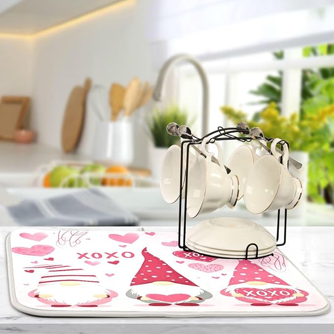 Happy Valentine Hearts Gnomes Dish Drying Mat 18 X 24 In Red Love Absorbent Microfiber Dry Dishes Pads Tableware Mats Protector for Kitchen Countertops Counter Home Decorations