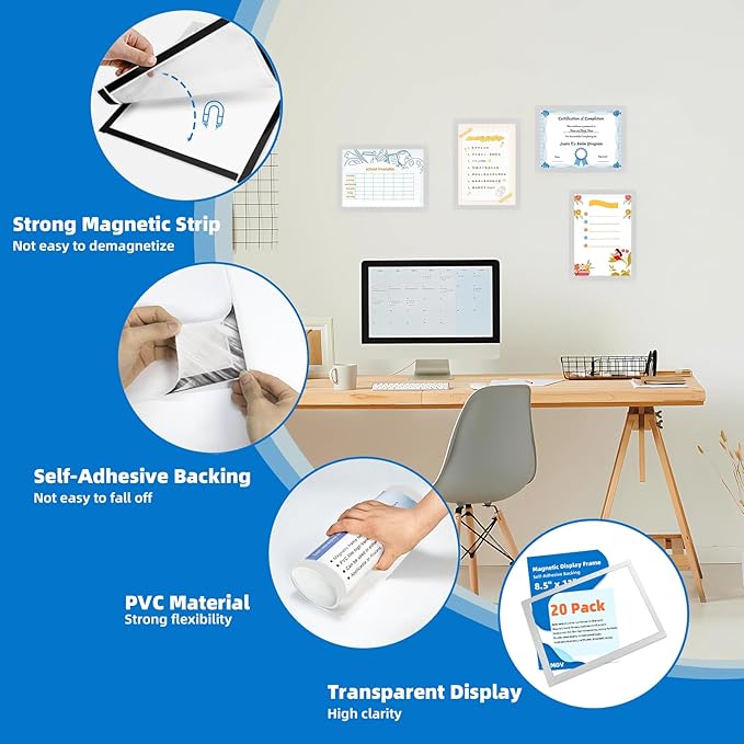 Magnetic Frames for Refrigerator, 20 Pack Double Sided Magnetic Sign Holder 8.5 x 11 for Display Picture Paper Document Flyer Page, Reusable Adhesive Frames for Walls Door Window Glass