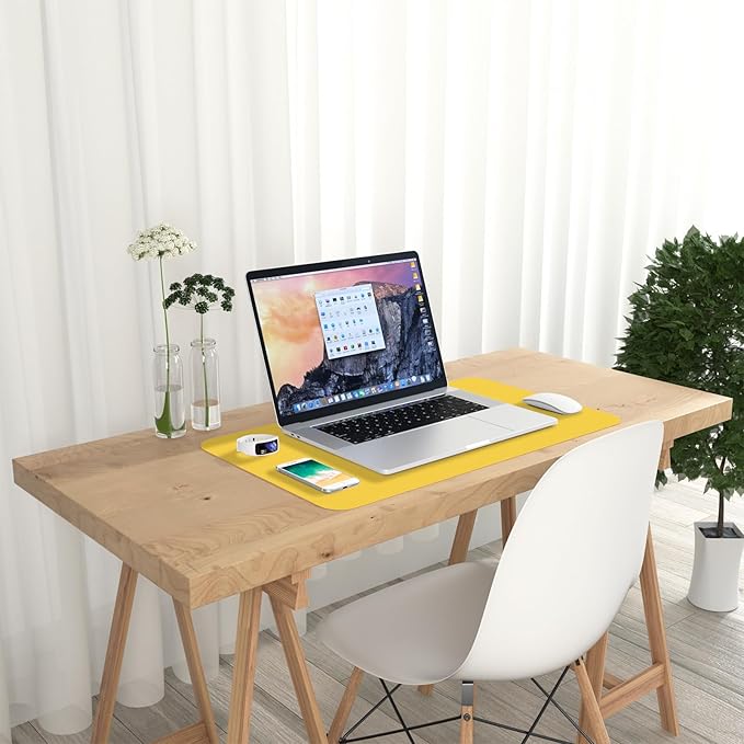 Hsurbtra Desk Pad, 23.6" x 13.8" PU Leather Desk Mat, M Extended Mouse Pad, Waterproof Desktop Blotter Protector, Non-Slip Ultra Thin Small Laptop Keyboard Writing Mat for Office Home, Yellow