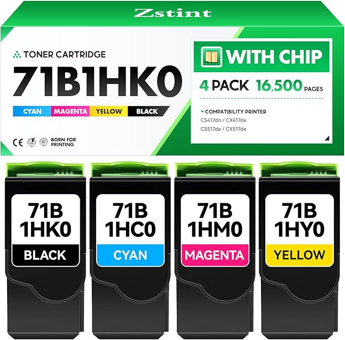 71B1HK0 71B1HC0 71B1HM0 71B1HY0 Toner Cartridge Set 4-Pack Black Cyan Magenta Yellow with chip Replacement Compatible with Lexmark CS417dn CX417de CS517de CX517de Color Laser Printer Ink All-in-One