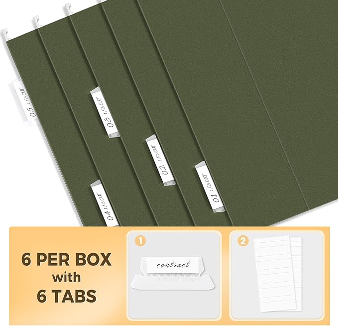SUNEE Hanging File Folders, 6 Pack Letter Size Hanging File Folders with 1/5-Cut Tabs, Ideal for Home and Office Organization and Papers Classification,Green Colors