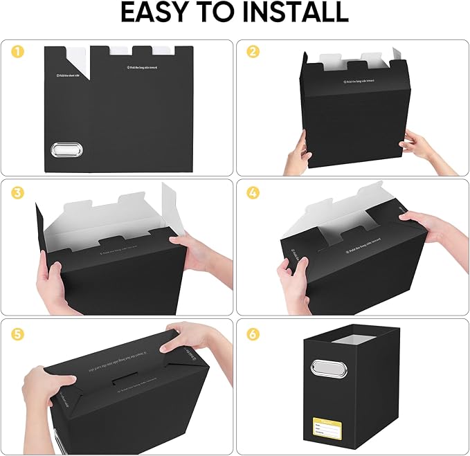 BALEINE File Organizer Box, Cardboard File Folder Organizer with Handle for Letter Size, Portable Collapsible Hanging Filing Box for Home Office Document Storage (2 Pack, Black)