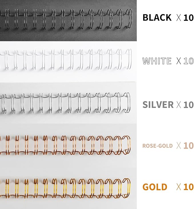 Binditek 50 Pack Double Loop Wire Binding Spines, 5/8 in Binding Wire for Letter Size, 2:1 Pitch, 140 Sheet Capacity, 21-Loop, 5 Assorted Colors (Black, Gold, Silver, White, Rose Gold)
