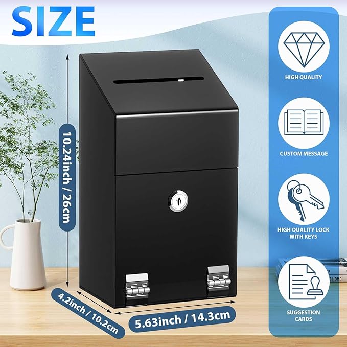 Juexica 1 Pc Acrylic Donation Box 10.2" x 5.6" x 4" Suggestion Box with Lock and Slot Wall Mount Safe Key Drop Ballot Fundraising for Home Office Vote (Black)