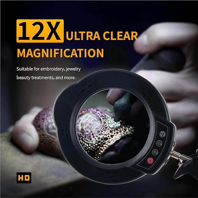 12X Magnifying Glass with Light and Stand,2-in-1 LED Desk Lamp & Clamp,5 Color Modes Brightness Stepless Dimmable,Magnifier with Light Hands Free,Reading,Hobby Close Work