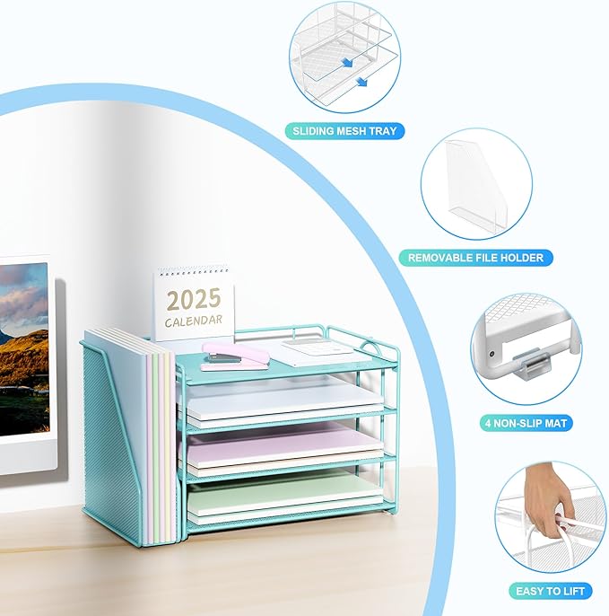 Spacrea Desk Organizers and Accessories, Paper Organizer for Desk with File Organizer, Desk Accessories & Workspace Organizers for Office Supplies (Blue)