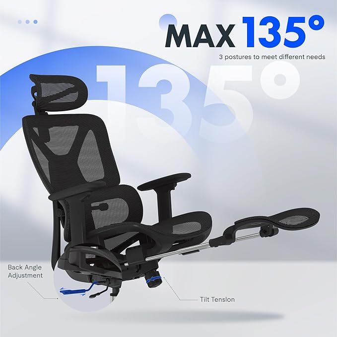 FLEXISPOT ErgoX Premium Ergonomic Office Chair with Footrest- Adjustable 3D Armrests, Dynamic Lumbar Support, Recline & Tilt Function, Mesh Seat, for Home & Office Use,Black