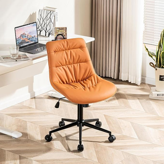 Kidol & Shellder Faux Leather Office Chair, Adjustable Swivel Height Task Chair, Rolling Wheels & Soft Backrest - Armless Ergonomic Desk Chair for Home, Office,Vanity,Gaming（Orange）
