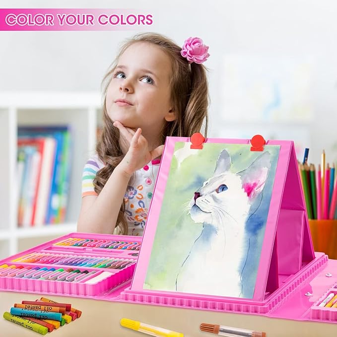 VigorFun Art Supplies, 240-Piece Drawing Art Kit, Gifts for Kids Girls Boys Teens, Art Set Crafts Case with Double Sided Trifold Easel, Includes Sketch Pads, Crayons, Colored Pencils (Pink)