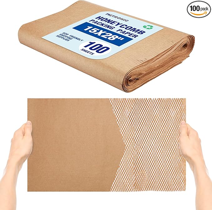 METRONIC 15" x 28" Honeycomb Packing Paper Sheets for moving 100 Pcs, Wrapping Paper for Bubble Cushioning Wrap and Shipping Packaging, Biodegradable & Fully Recylable, Brown