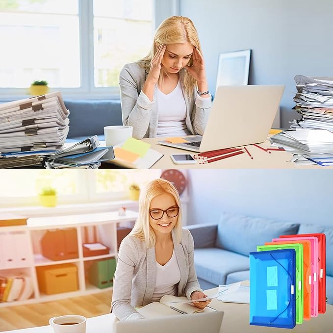 Expanding File Folder Document Organizer r with Flap and Cord Closure, Waterproof Transparent Document Bag, 2.8" Expansion, Letter A4 Expandable File Folder for Home School Office Organization，5 Pack