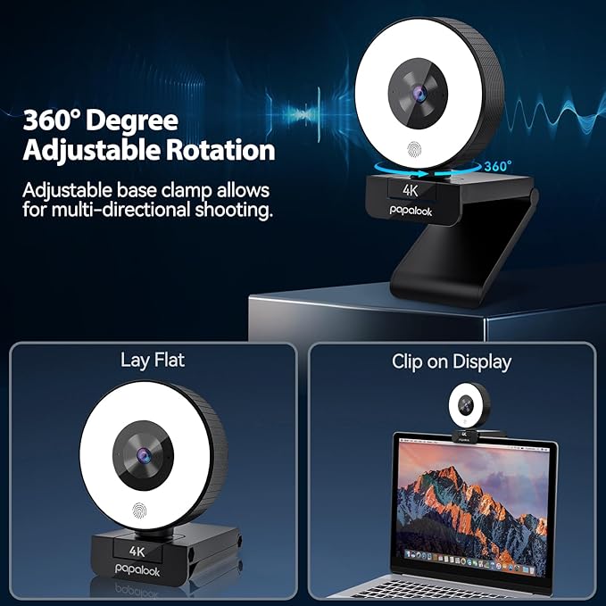 papalook 4K Autofocus Webcam with Light, UHD Web Camera with Remote Control and Dual Noise-Cancelling Mics, Plug and Play USB Webcams for PC Laptop Zoom Skype Teams Google Meet
