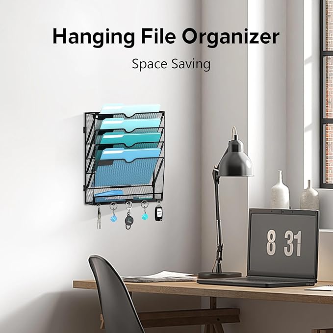 Wall File Organizer with 5 Hooks 5 Tier Hanging File Organizer, Vertical Wall Mount Mail Organizer for Papers, Folders, Magazines, Bills, Office&School Organization, Black